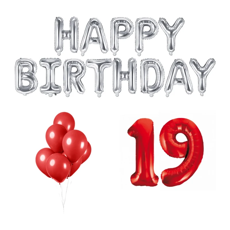 19 jaar Verjaardag Versiering Ballon Pakket rood & zilver