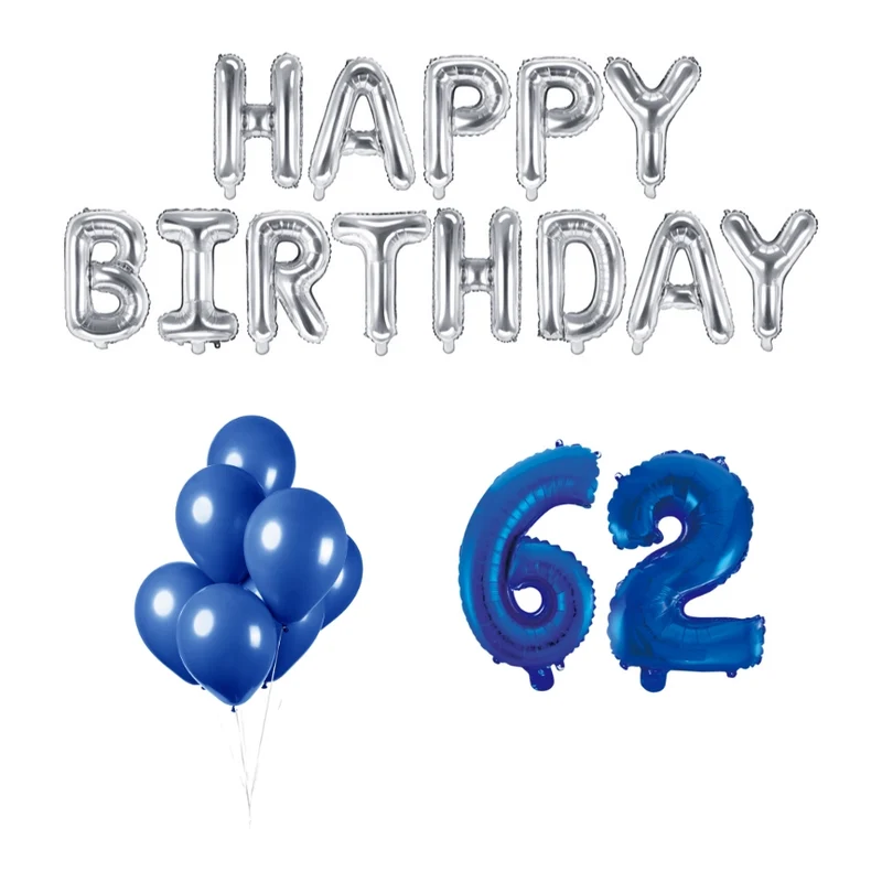 62 jaar Verjaardag Versiering Ballon Pakket Blauw & zilver