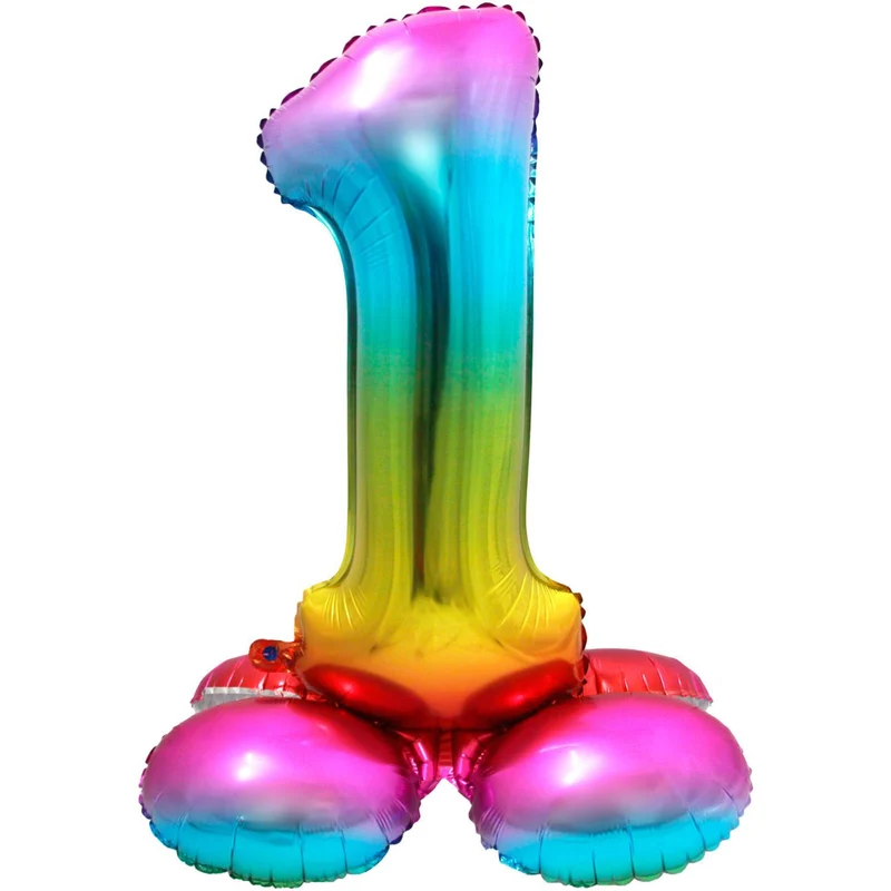 Cijfer ballon met standaard Regenboog 81 cm