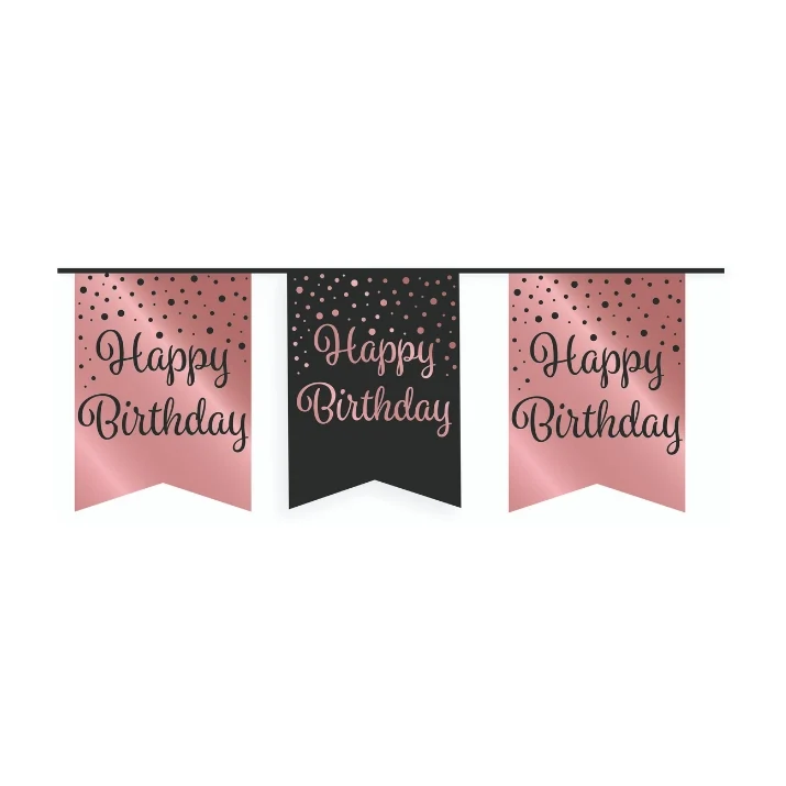 Vlaggetjesslinger - Happy Birthday - zwart en rosé goud