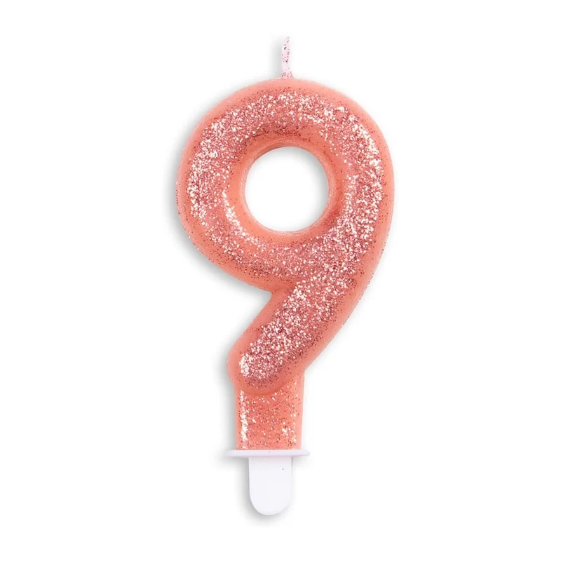 Cijfer kaars glitter rosé goud nr. 9
