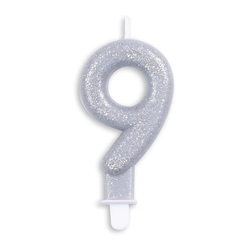 Cijfer kaars glitter zilver nr. 9