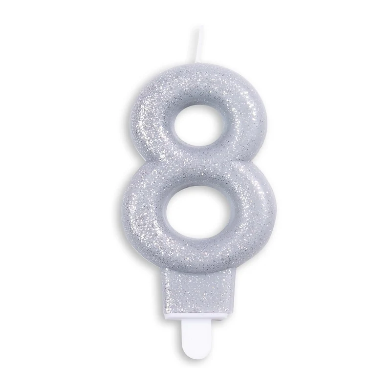 Cijfer kaars glitter zilver nr. 8