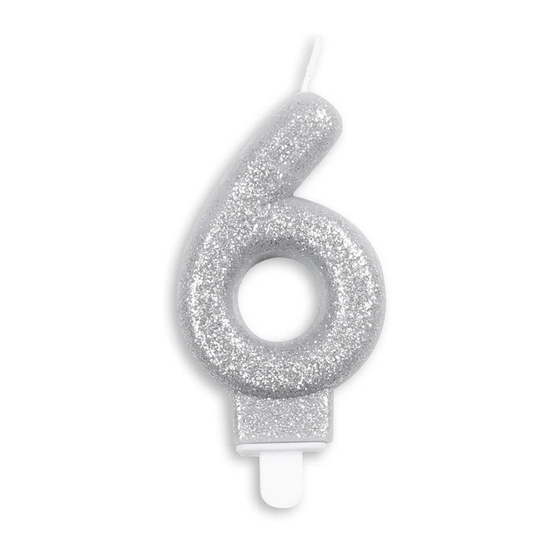 Cijfer kaars glitter zilver nr. 6