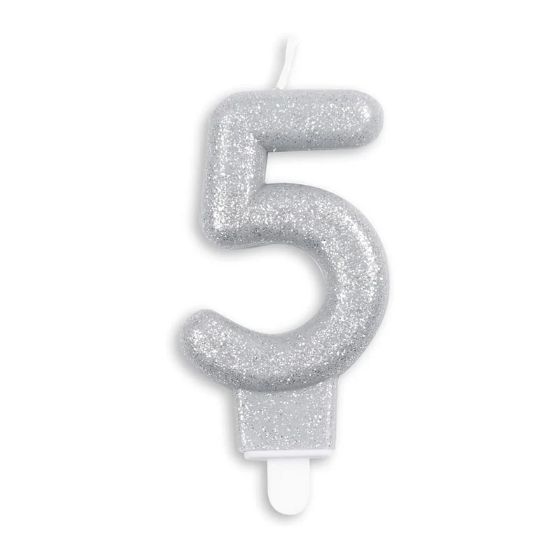 Cijfer kaars glitter zilver nr. 5