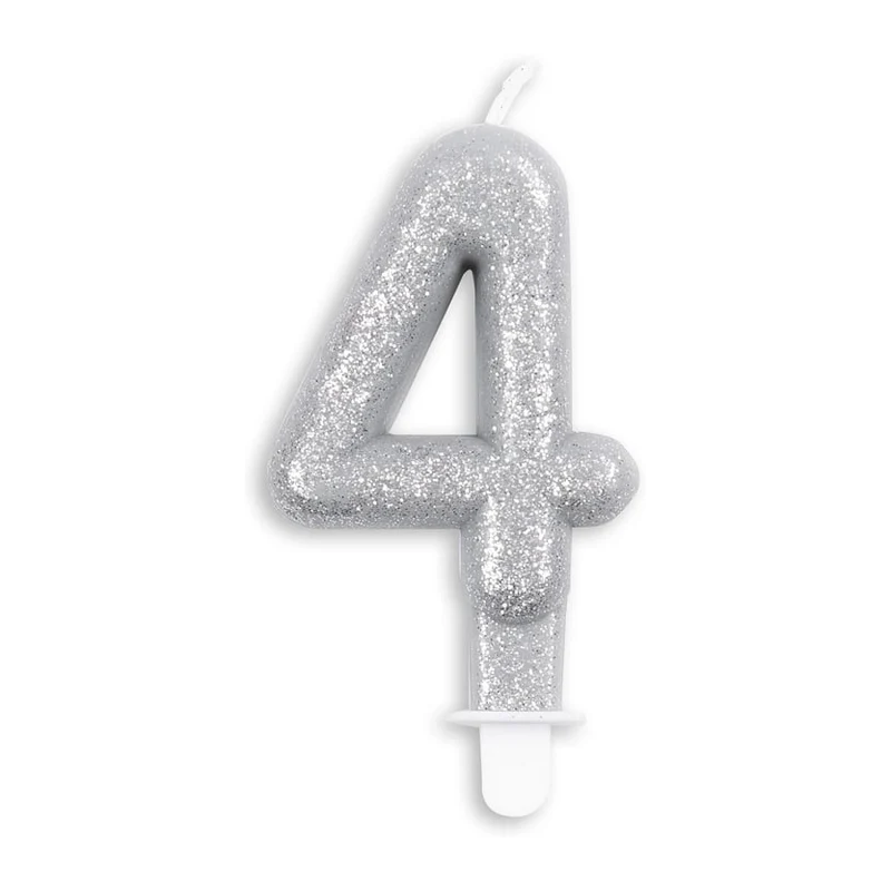 Cijfer kaars glitter zilver nr. 4