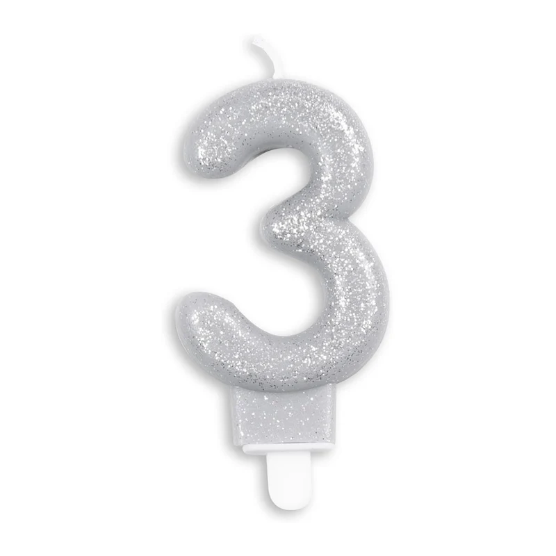 Cijfer kaars glitter zilver nr. 3