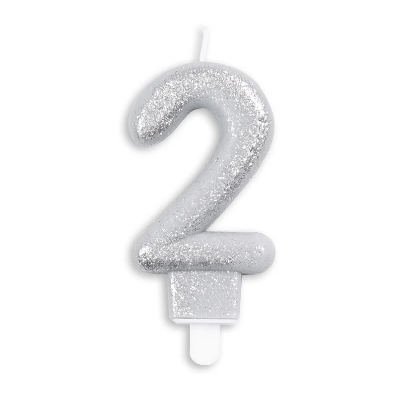 Cijfer kaars glitter zilver nr. 2