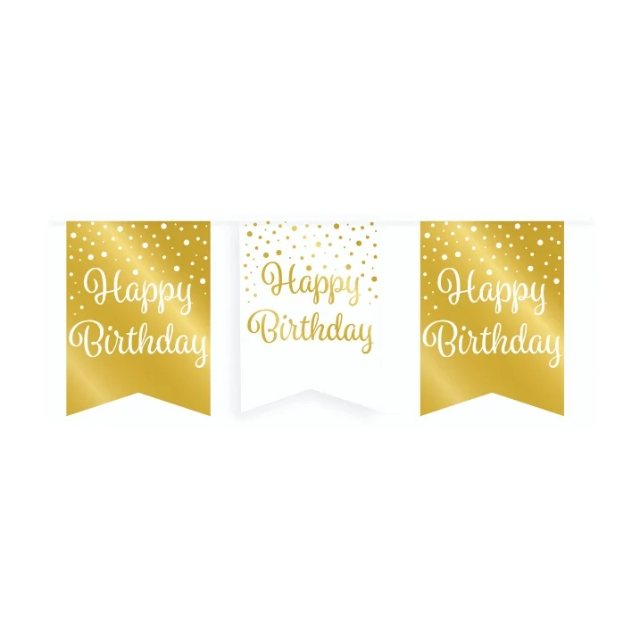 Vlaggetjesslinger - Happy Birthday - wit en goud