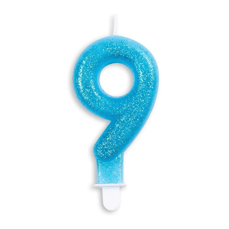 Cijfer kaars glitter blauw nr. 9