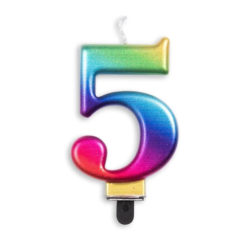 Cijfer kaars metallic regenboog nr. 5