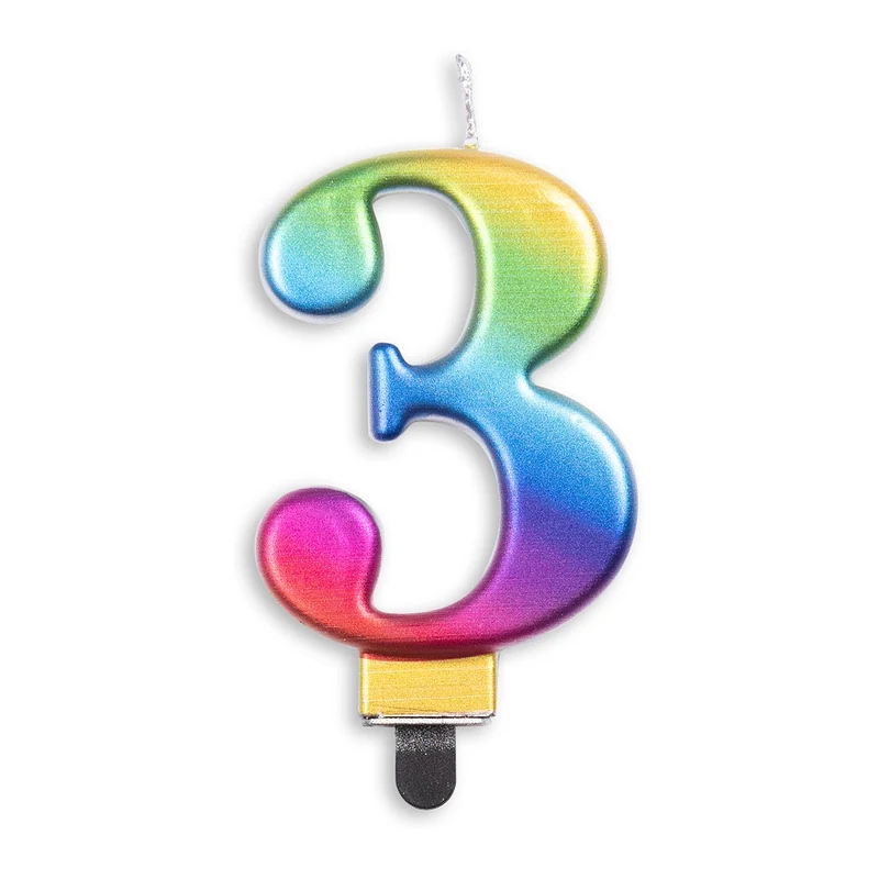 Cijfer kaars metallic regenboog nr. 3