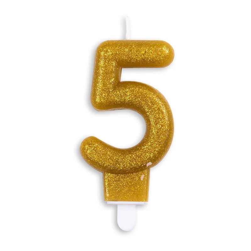 Cijfer kaars glitter goud nr. 5