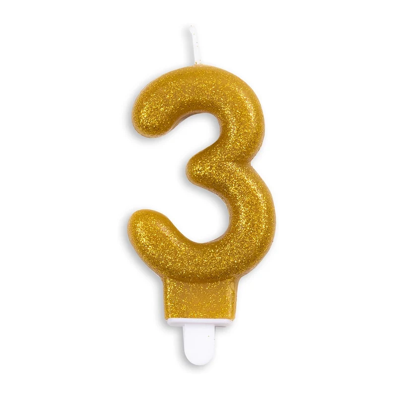 Cijfer kaars glitter goud nr. 3