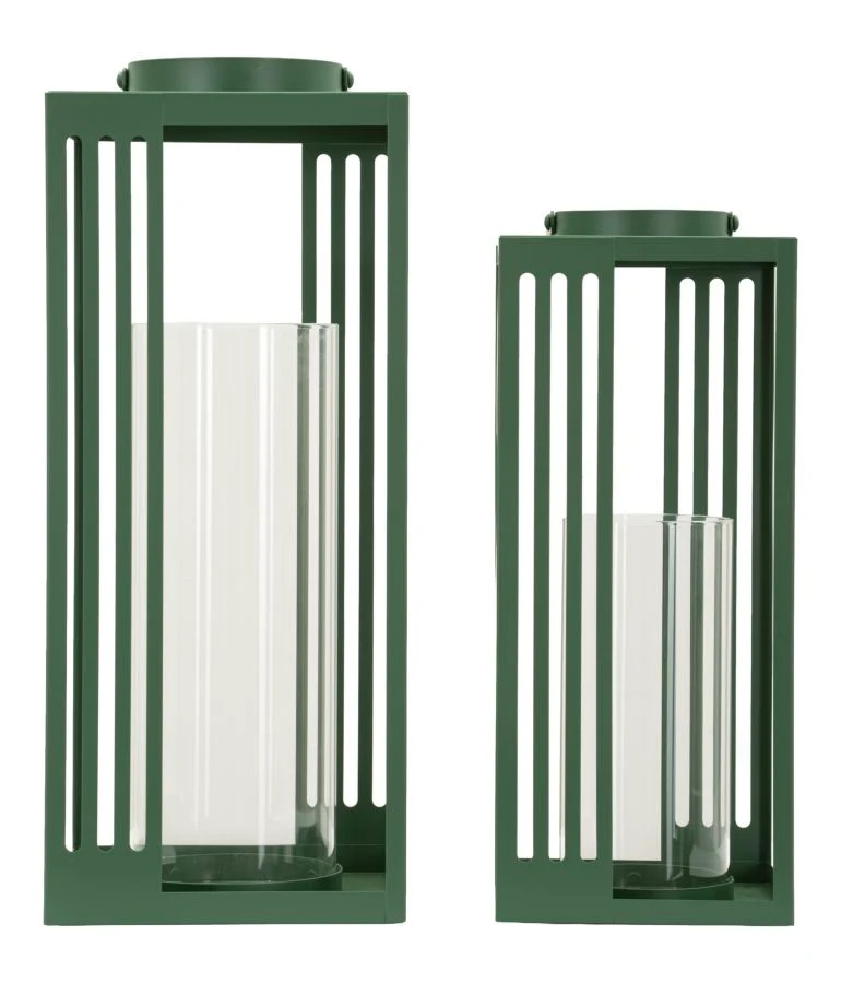Set van 2 groene metalen lantaarns 18x18x43,5 - 15x15x36,5 cm