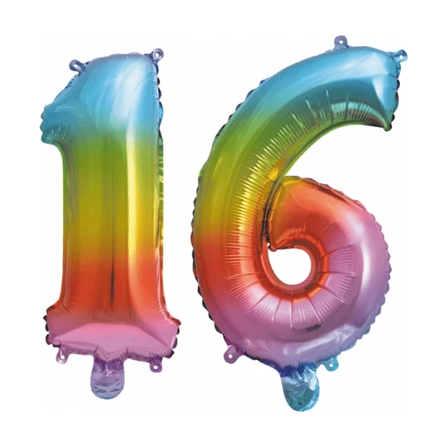 Folieballon 16 jaar Regenboog 86cm