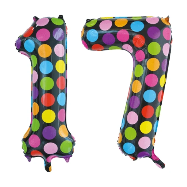 Folieballon 17 jaar stippen 86cm