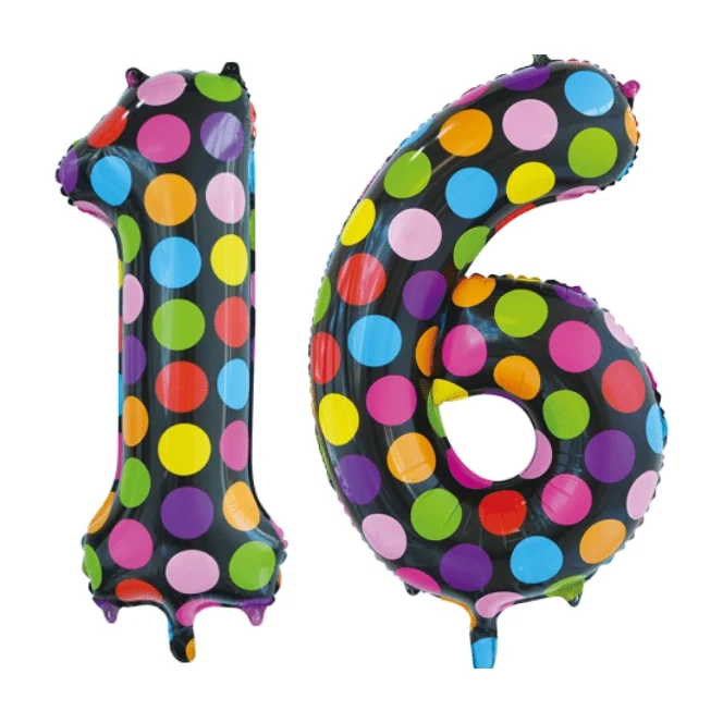 Folieballon 16 jaar stippen 86cm