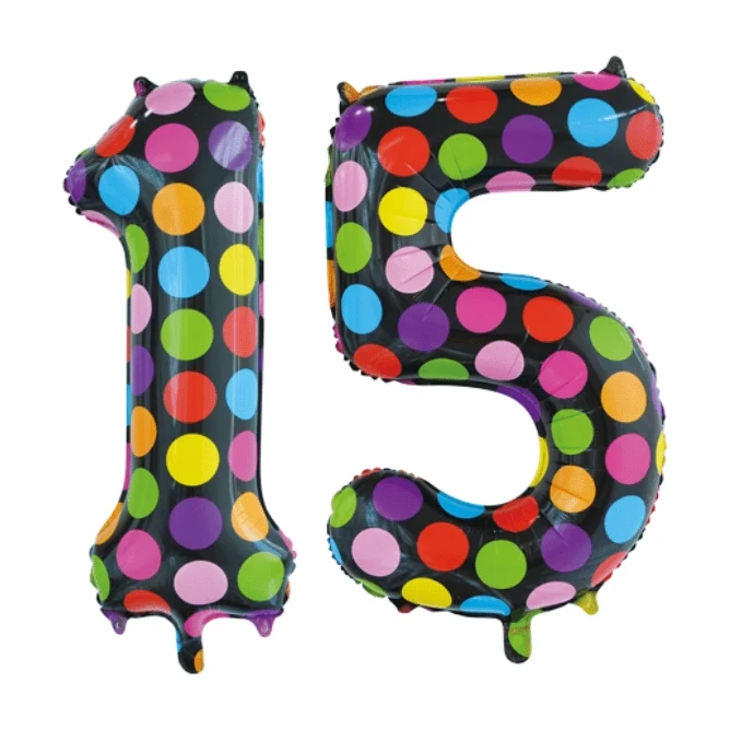 Folieballon 15 jaar stippen 86cm