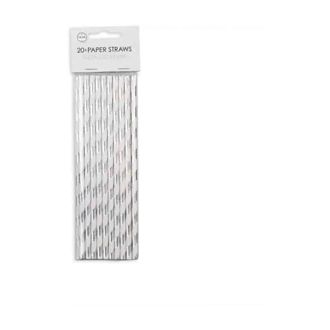 Papieren rietjes zilver/wit 20 stuks