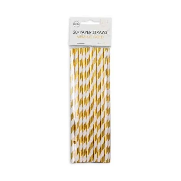 Papieren rietjes goud/wit 20 stuks
