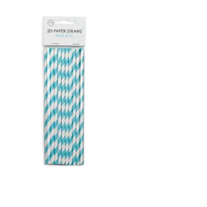 Papieren rietjes baby blauw/wit 20 stuks