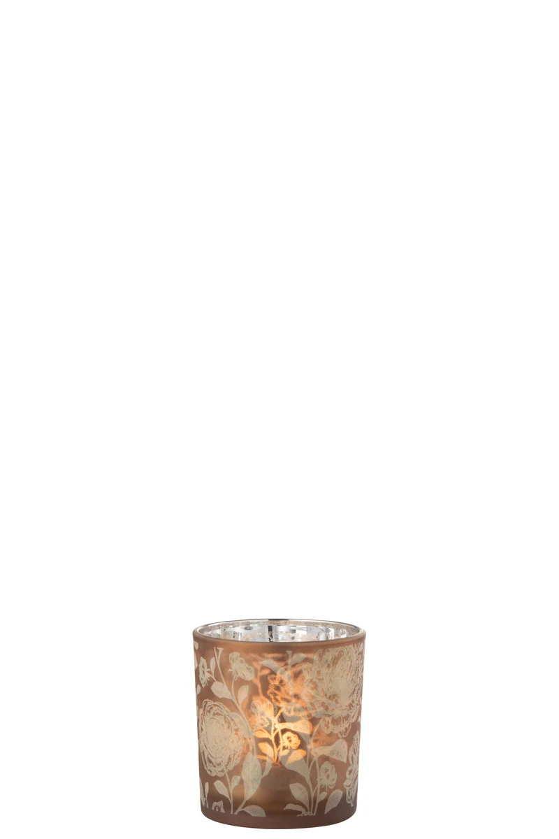 J-Line windlicht bloemen - glas - bruin/zilver - small