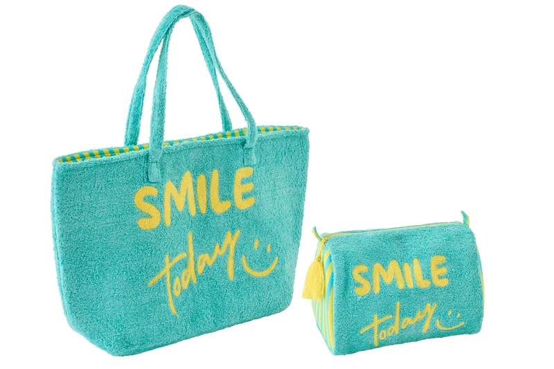 J-Line strandtas Smile - katoen - turkoois/geel - set van 2