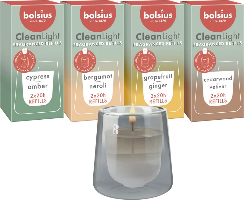 Bolsius houder en navulbare geurkaarsen CleanLight - grijs