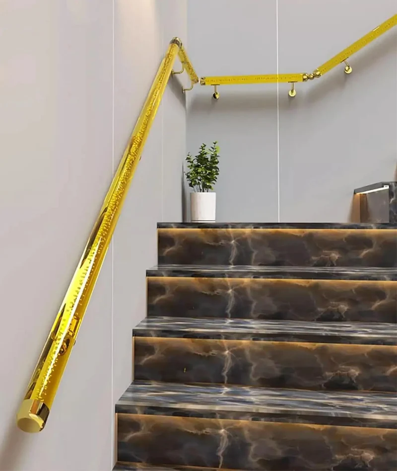 Beefed Up Clear Acrylic Stair Handrail With Sparkling Gold Brackets Rock Solid Wall Mounted Banister Built Tough For Indoor And Outdoor Steps Stress Free Custom Fits Snappy Modern Profile