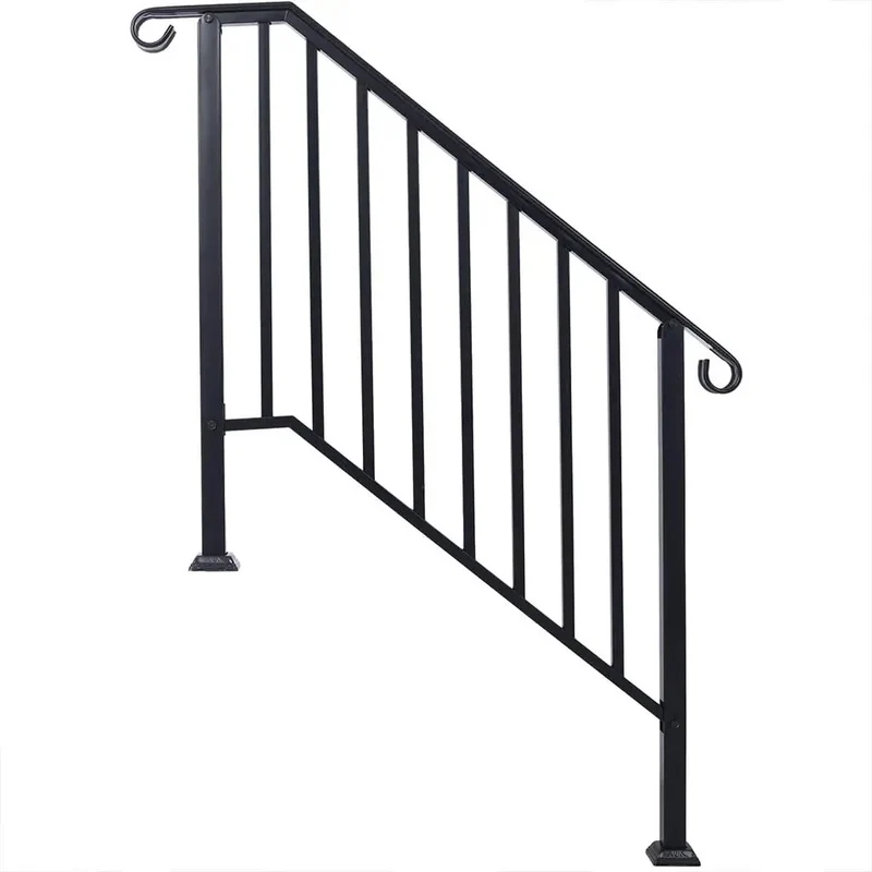 Heavy Duty Wrought Iron Handrail For Outdoor Steps Three Step Staircase Flat Out Tough Rustproof Powder Coated Metal Picket Railing Quick Clip Install For Concrete Porch Garden Walkway